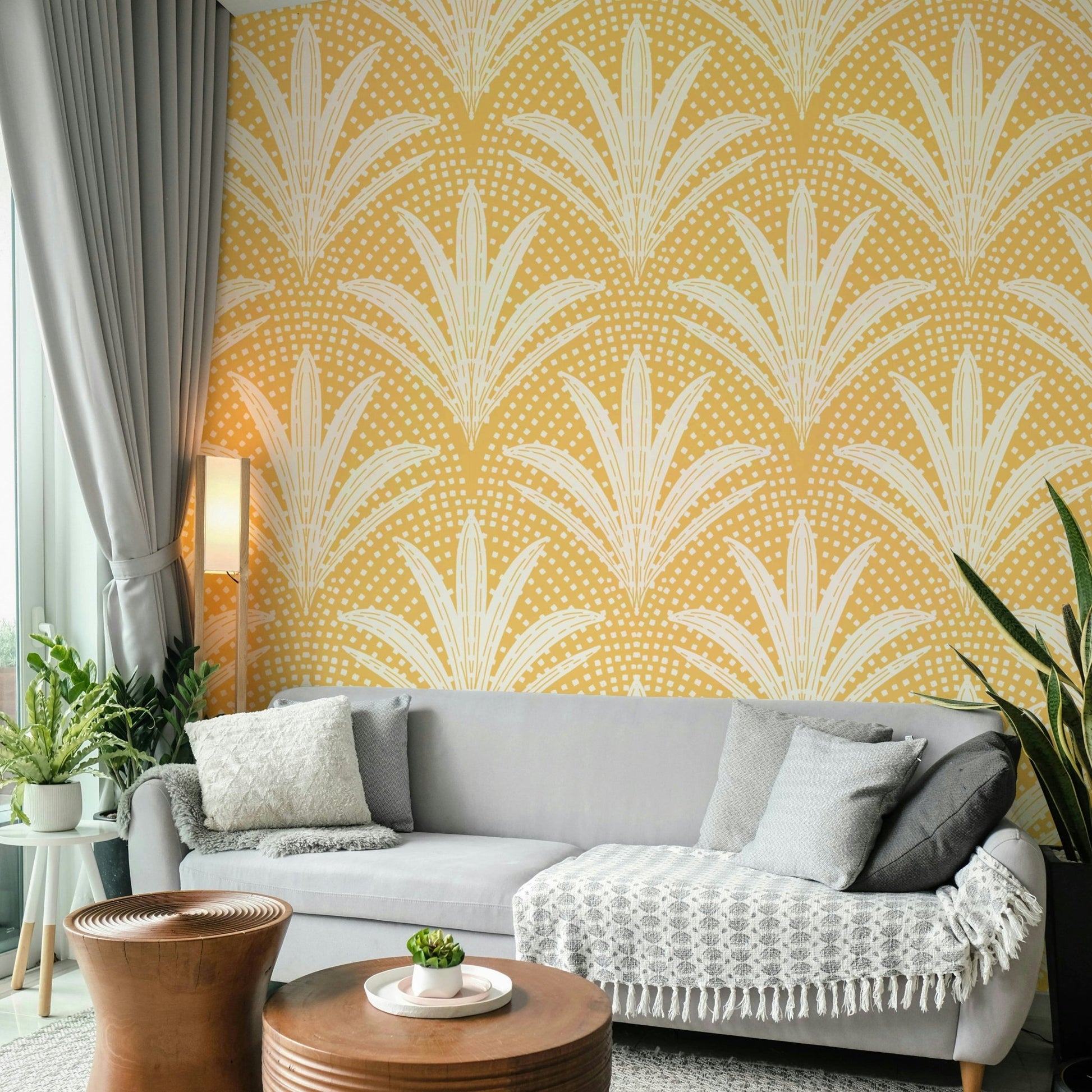 Boho rustic wallpaper with golden ochre palms

