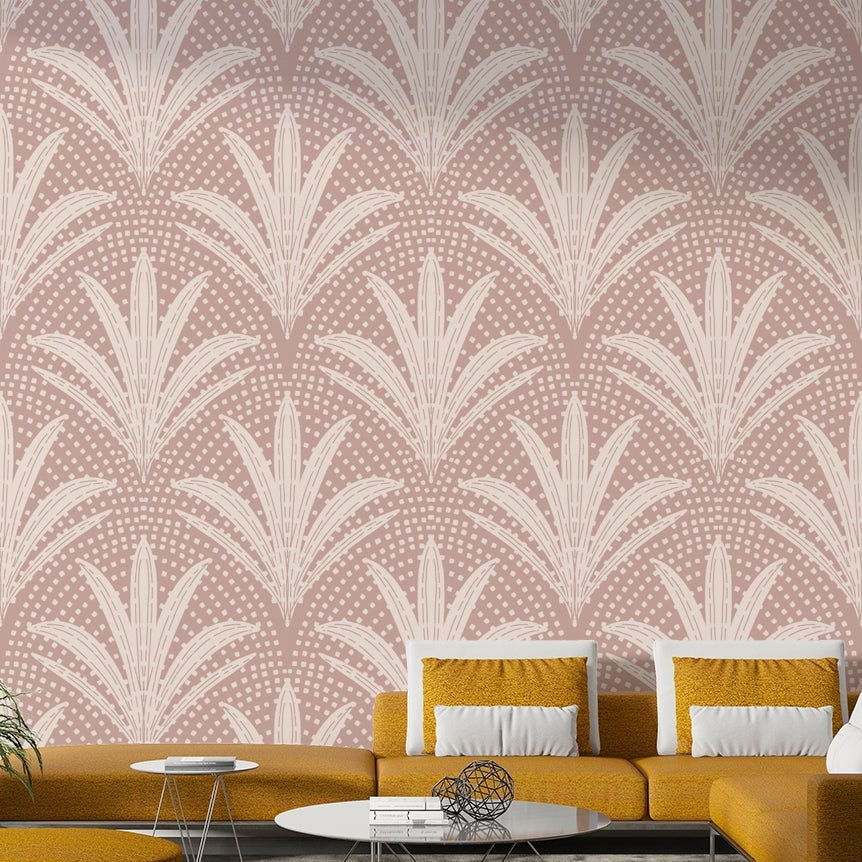Mauve wallpaper with rustic palm art

