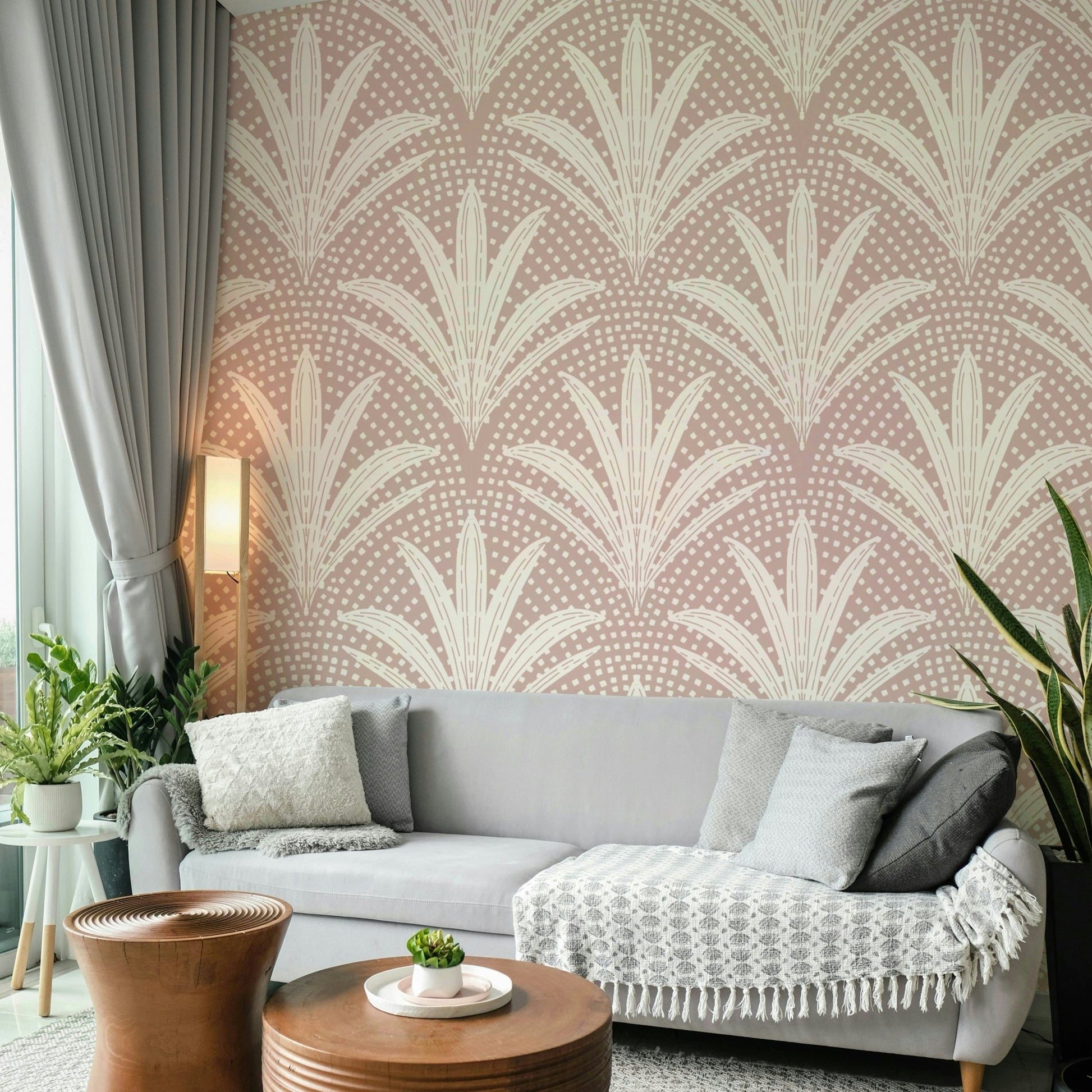 Boho rustic palm mauve wallpaper design

