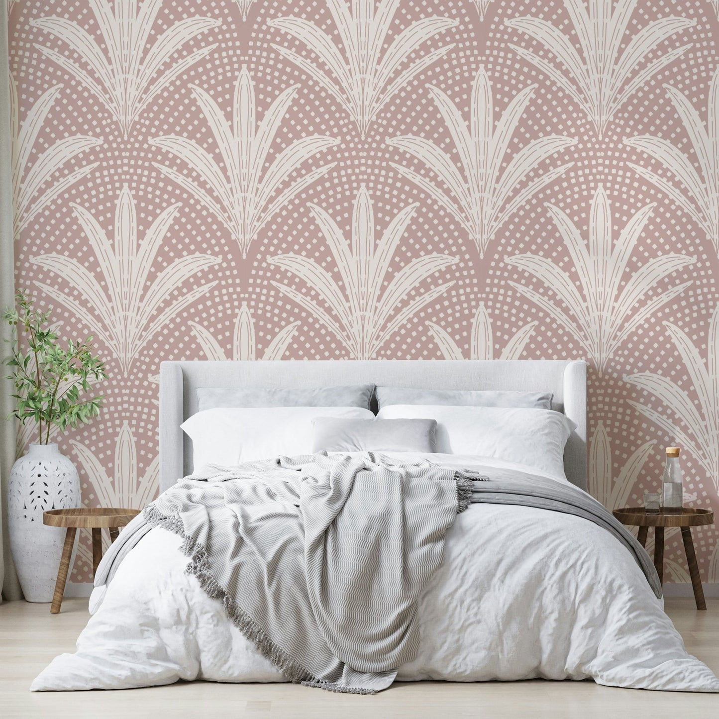 Rustic mauve wallpaper with palm design

