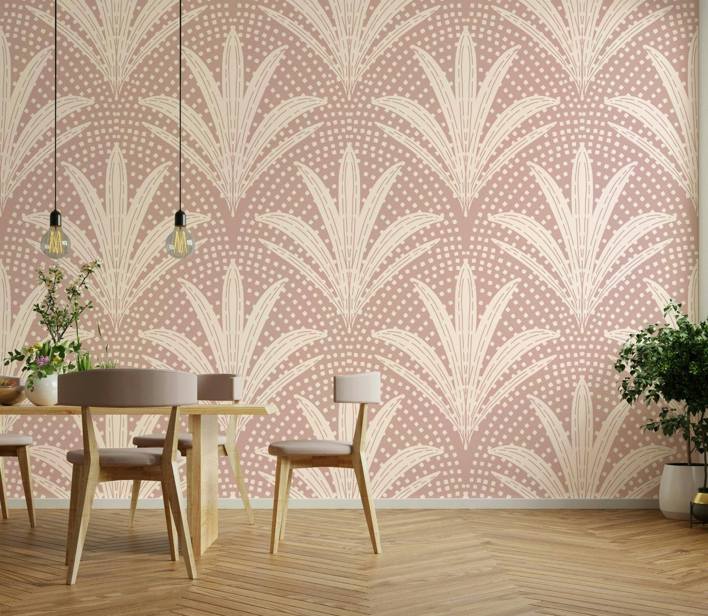 Boho rustic wallpaper with mauve palms

