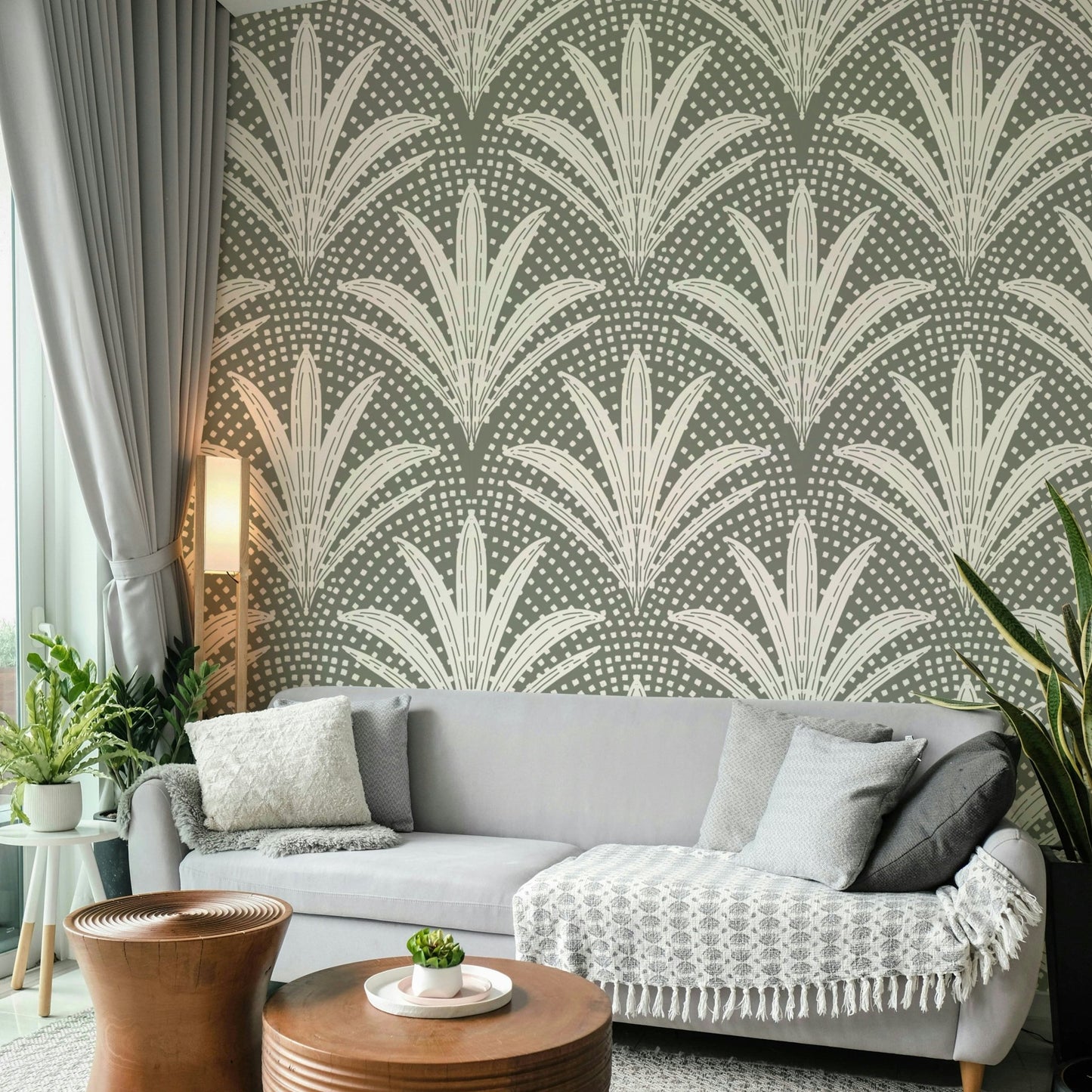 Boho rustic wallpaper with muted grey palms

