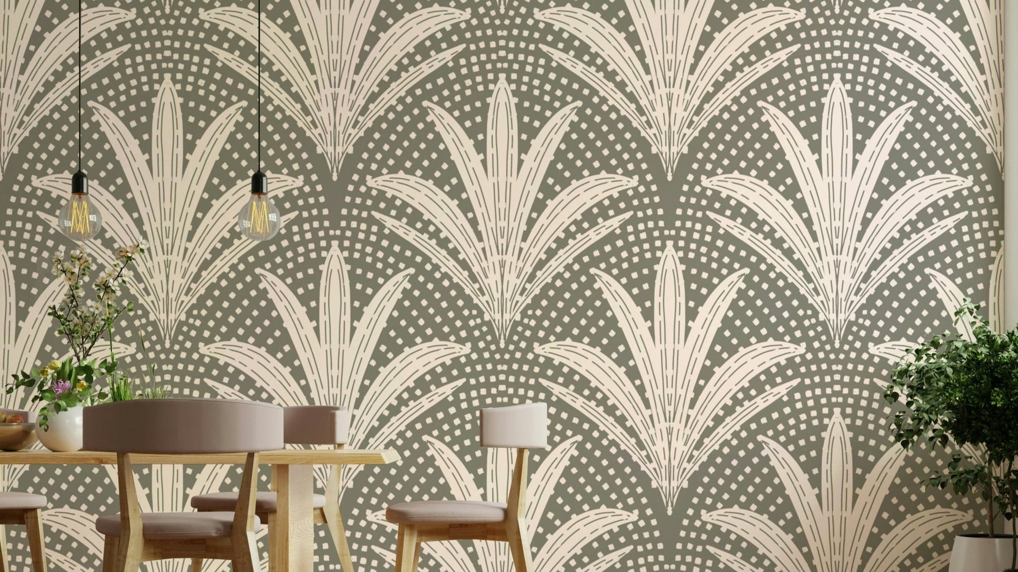 Rustic muted grey wallpaper with palm art, GD1048