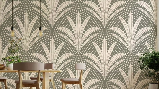 Rustic muted grey wallpaper with palm art, GD1048