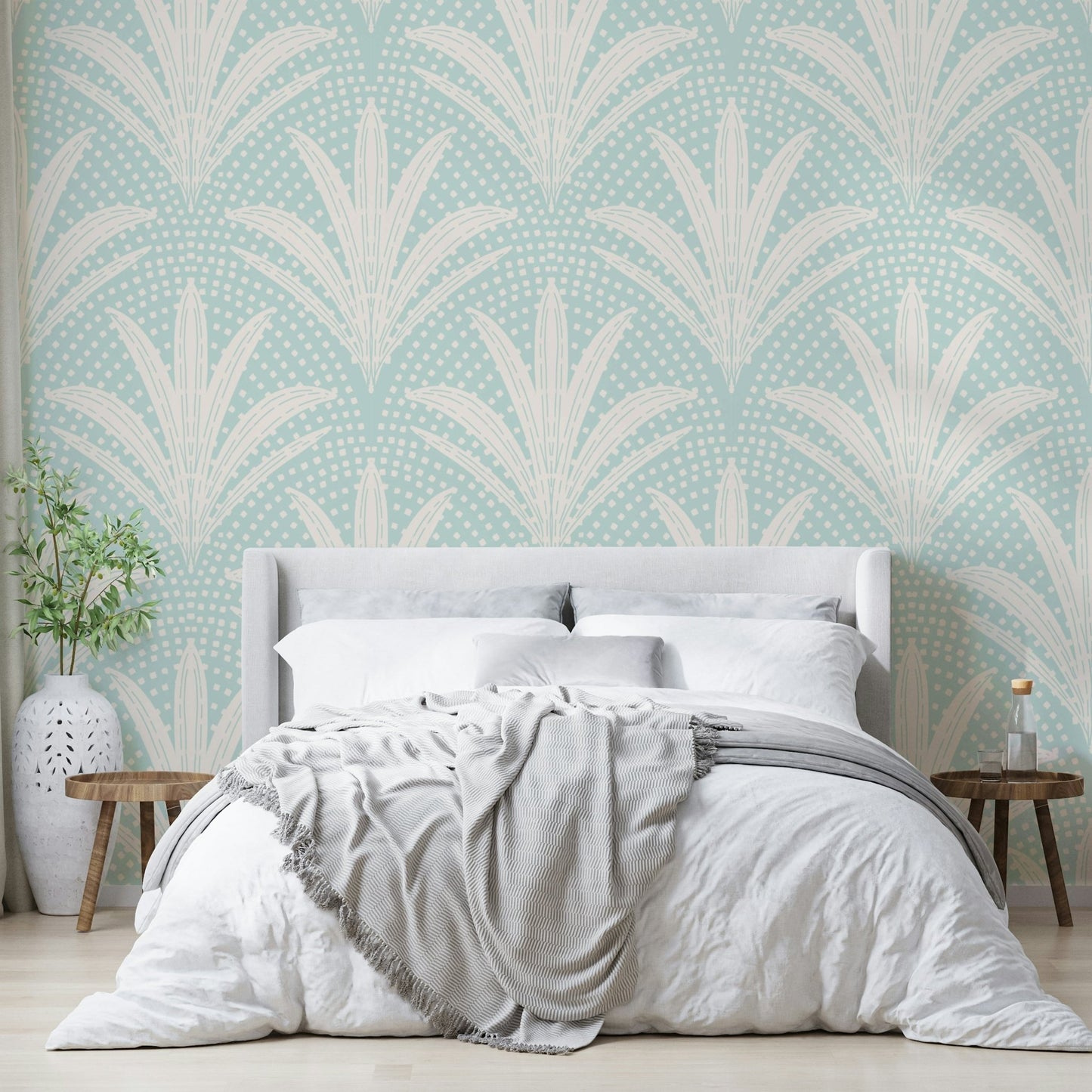 Boho palm radiance wallpaper soft blue hues

