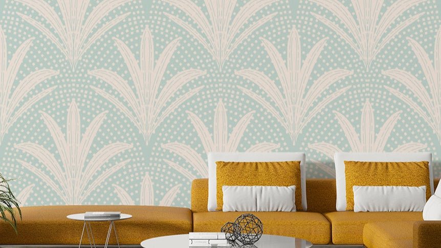 Soft blue palm leaf wallpaper boho rustic, GD1049