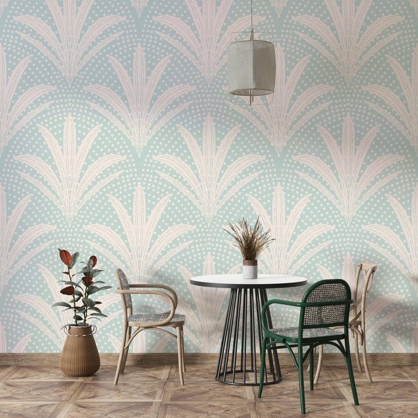 Soft blue wallpaper with boho palm pattern

