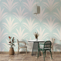 Soft blue wallpaper with boho palm pattern

