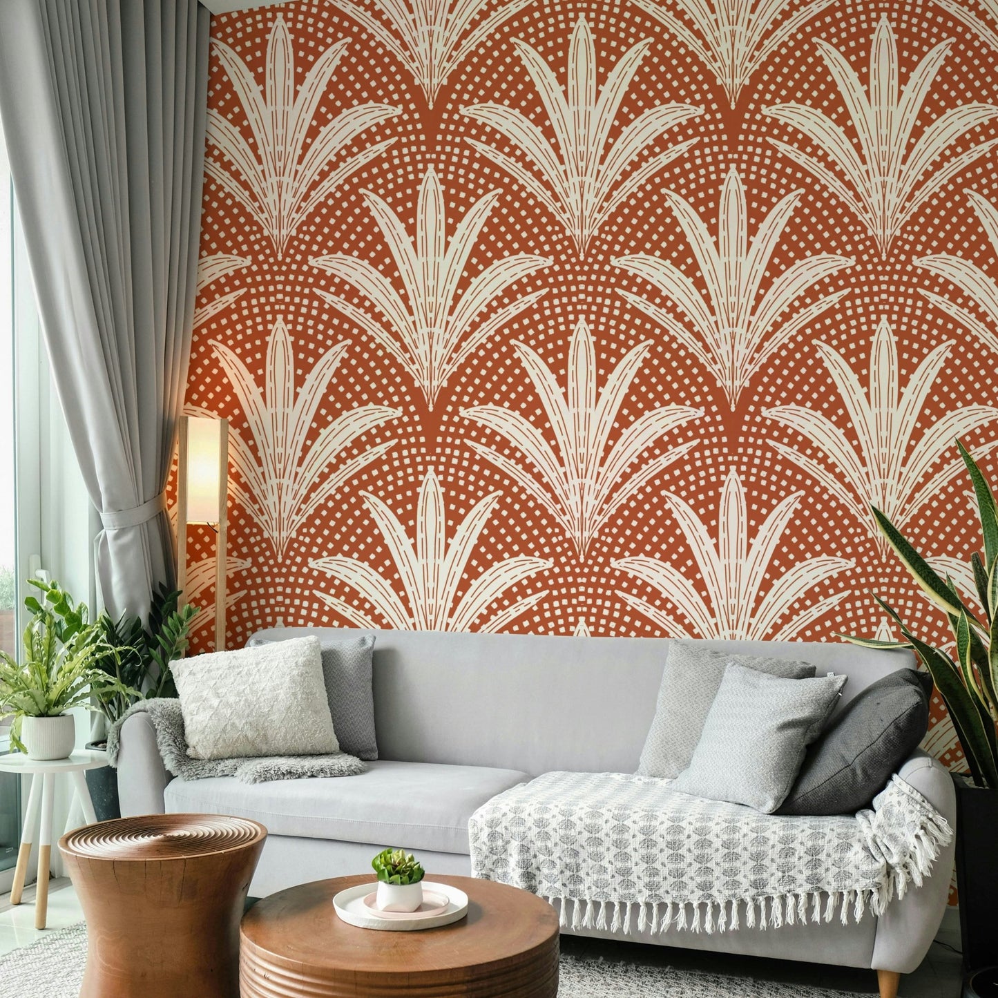 Terracotta wallpaper with boho palm design

