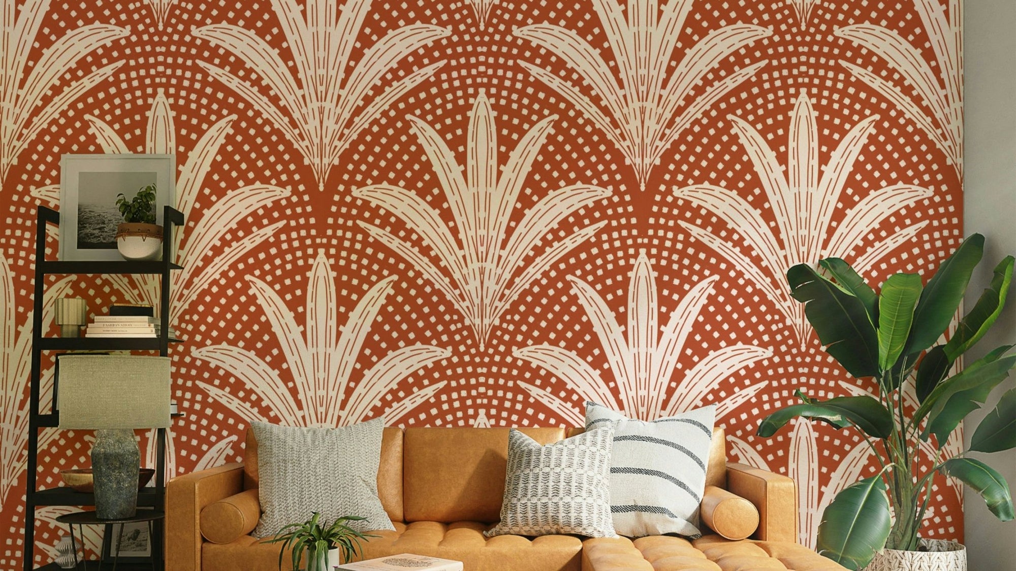 Boho palm leaf terracotta wallpaper, GD1050