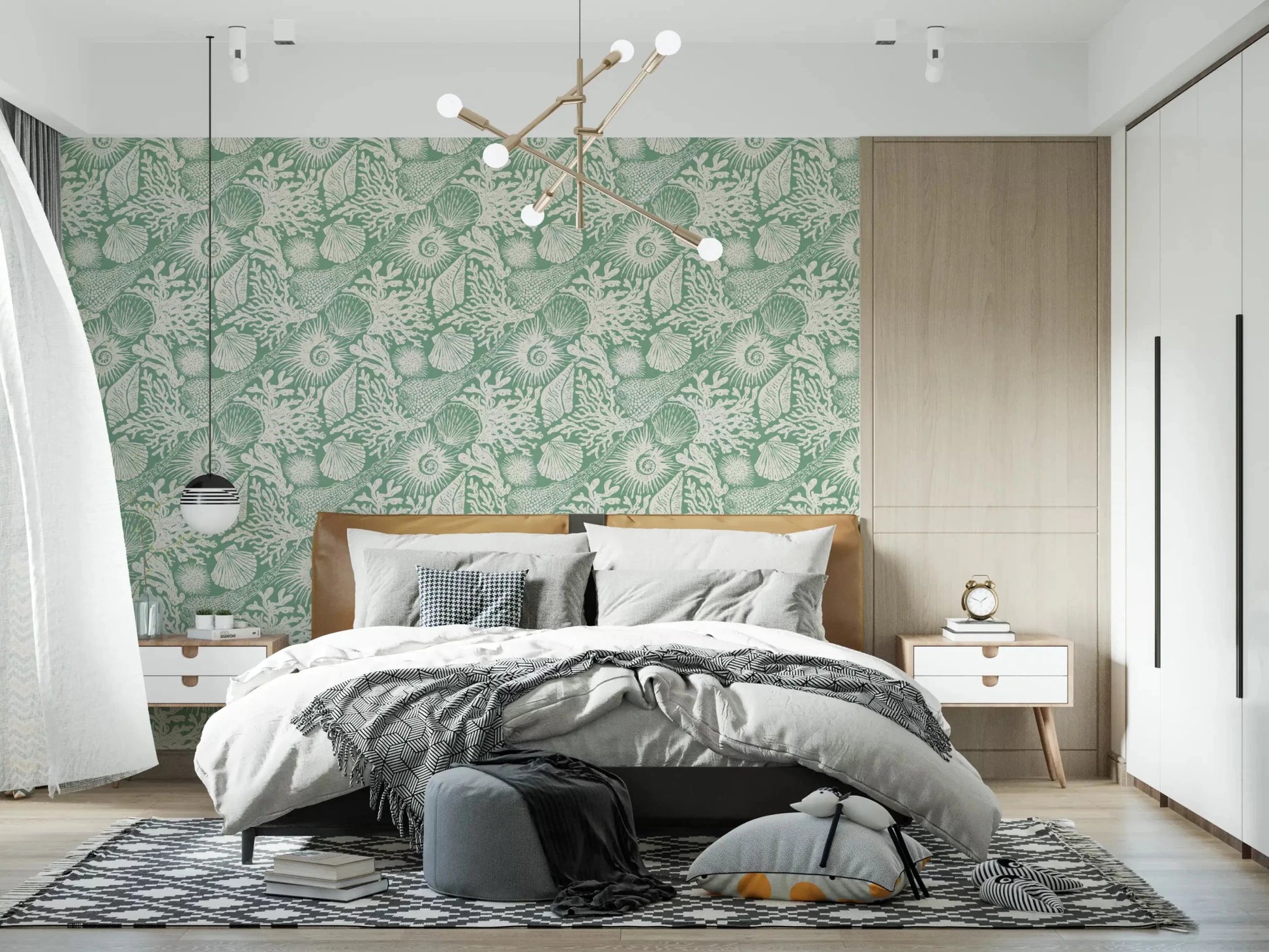 Fish and kelp shapes thread through a Bedroom with Boho Coral wallpaper.
GD9550