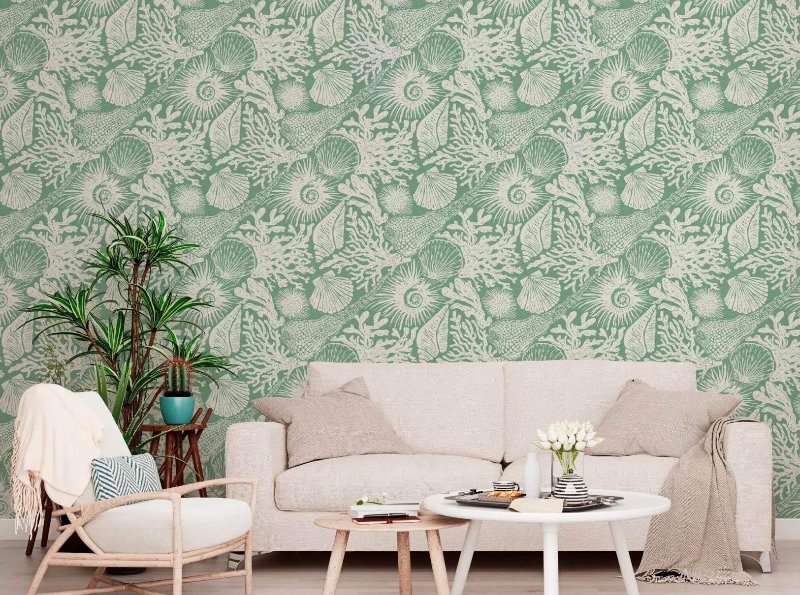 Cream marine motifs scatter behind the living room with Boho Seashell Coral wallpaper.⁠GD9550