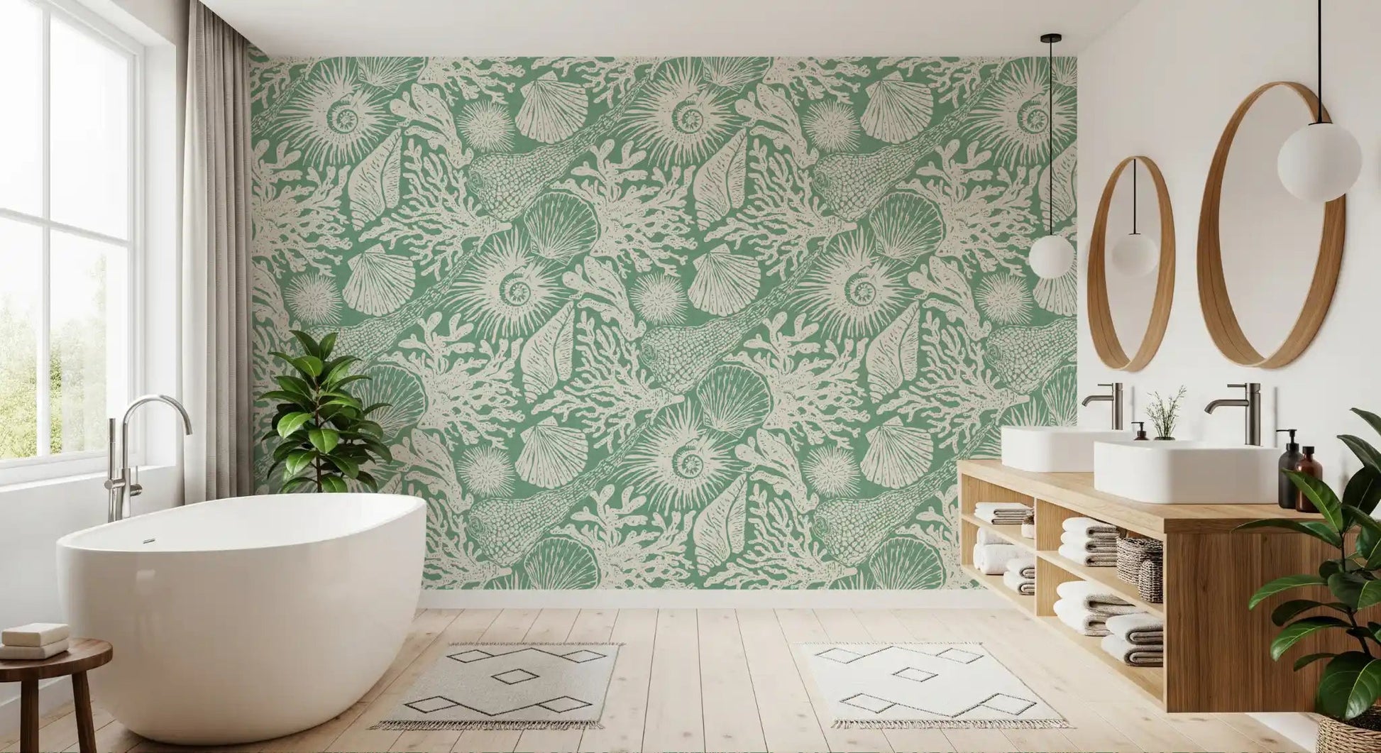 Fan-like corals, fish, and kelp drift across Seashell Coral Aqua Green wallpaper.⁠GD9550