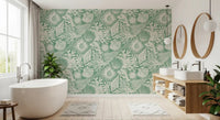 Fan-like corals, fish, and kelp drift across Seashell Coral Aqua Green wallpaper.⁠GD9550