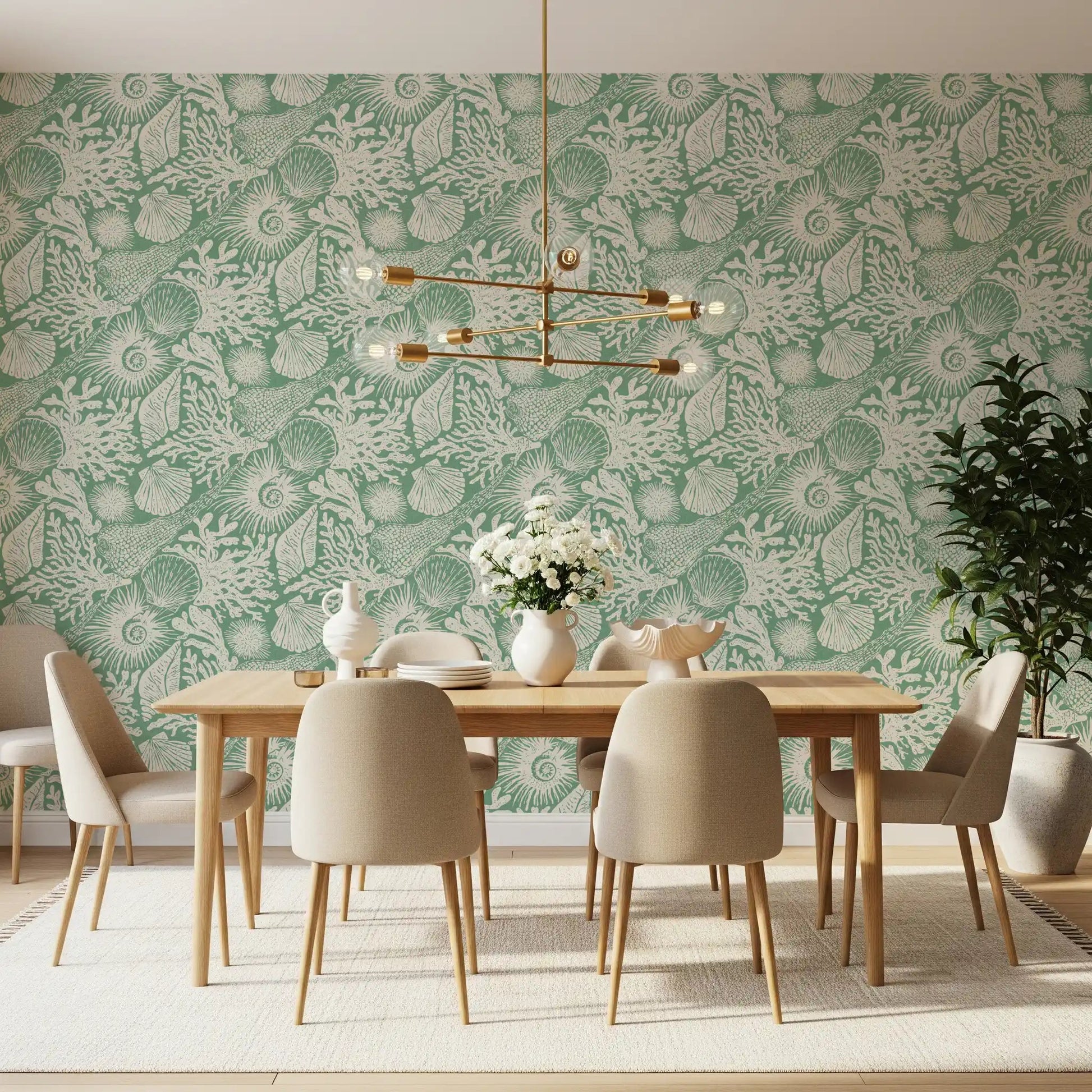 Hand-drawn cream motifs sit against the calm green base of Boho Seashell Aqua wallpaper.GD9550