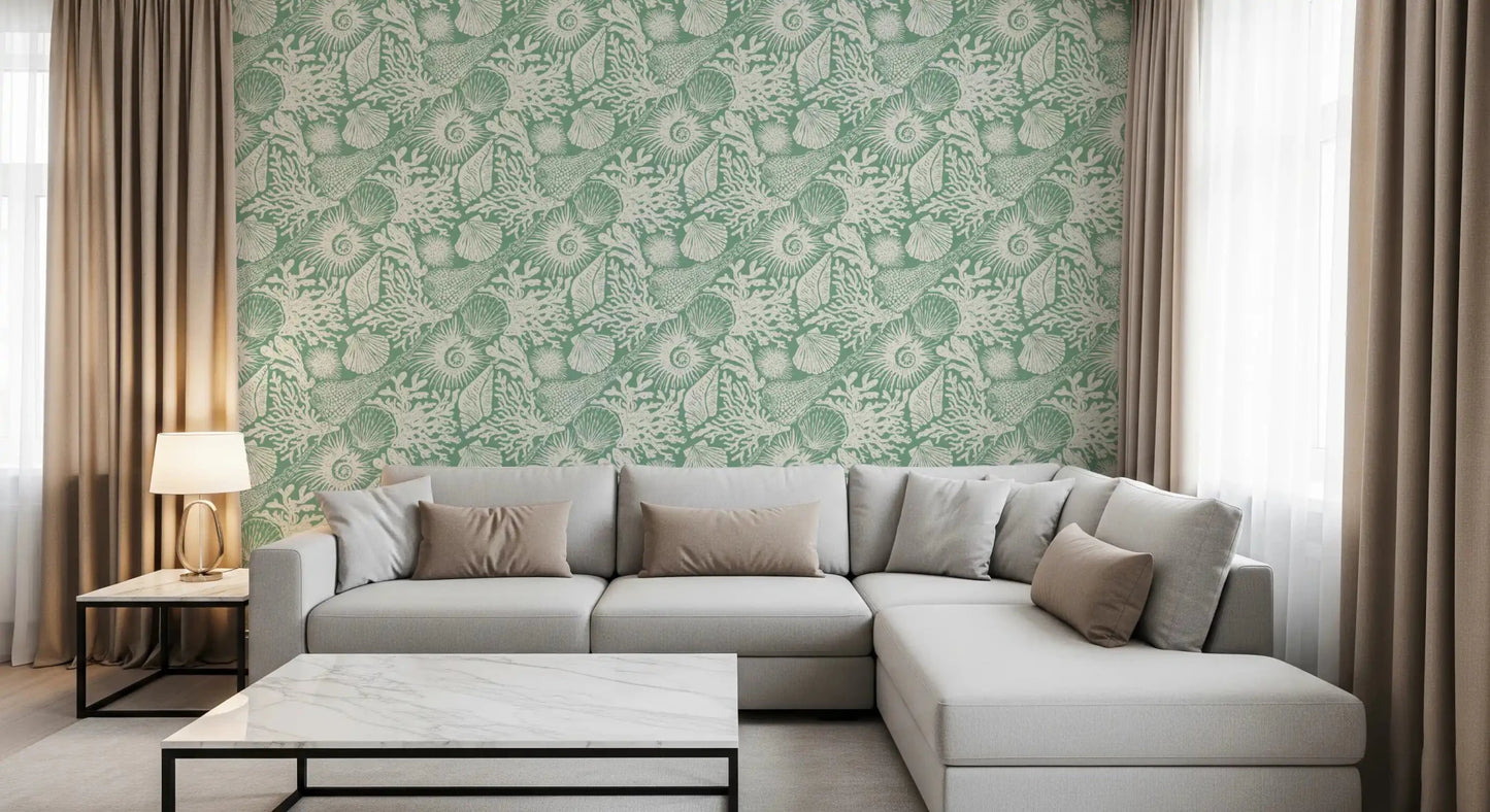 Linen-style canvas runs beneath Boho Seashell Coral Aqua Green wallpaper.⁠GD9550