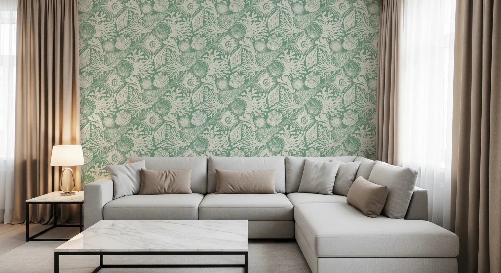 Linen-style canvas runs beneath Boho Seashell Coral Aqua Green wallpaper.⁠GD9550