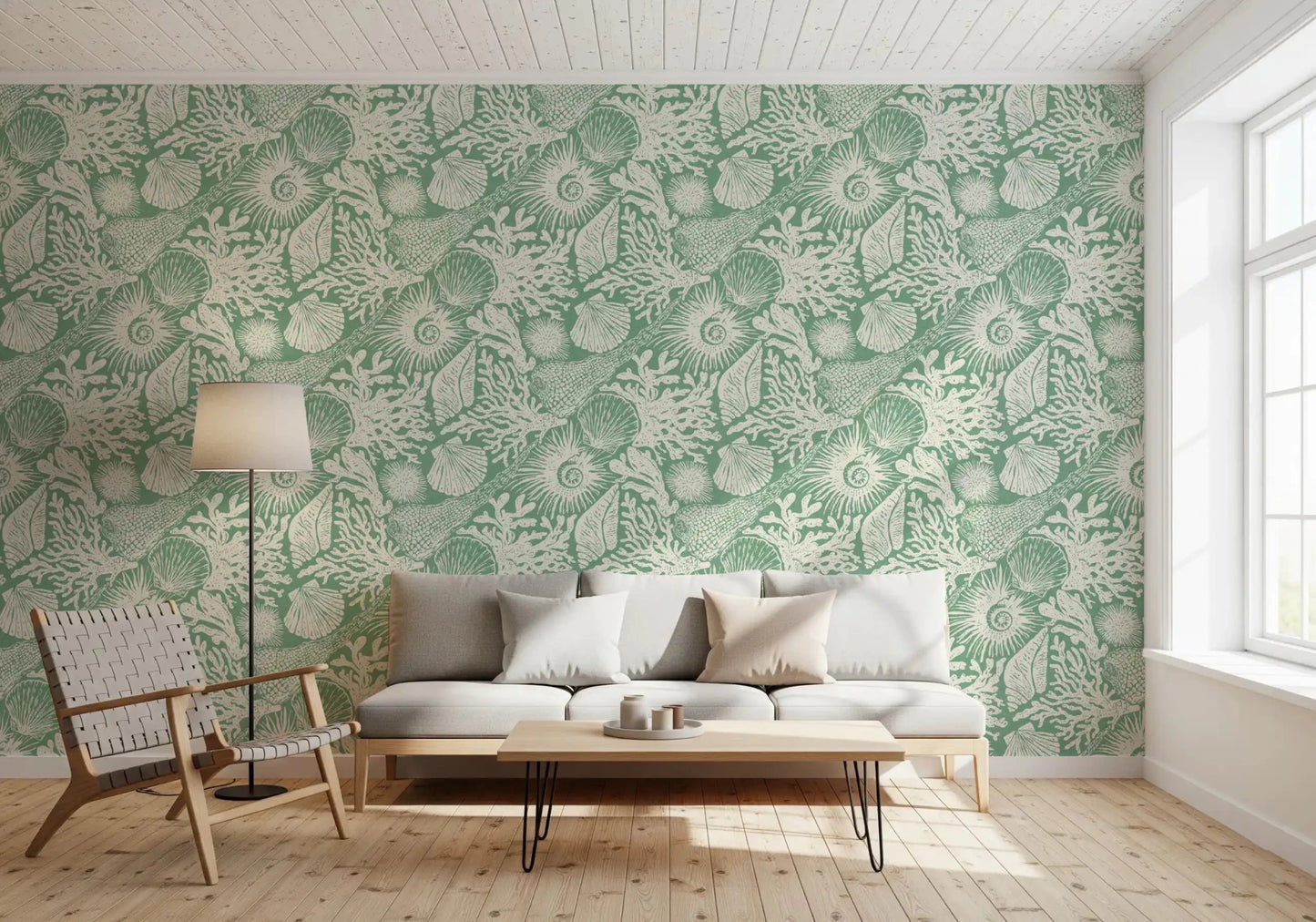 Coastal shell illustrations sit behind a master Living rooom in Boho Seashell Aqua wallpaper.
⁠GD9550