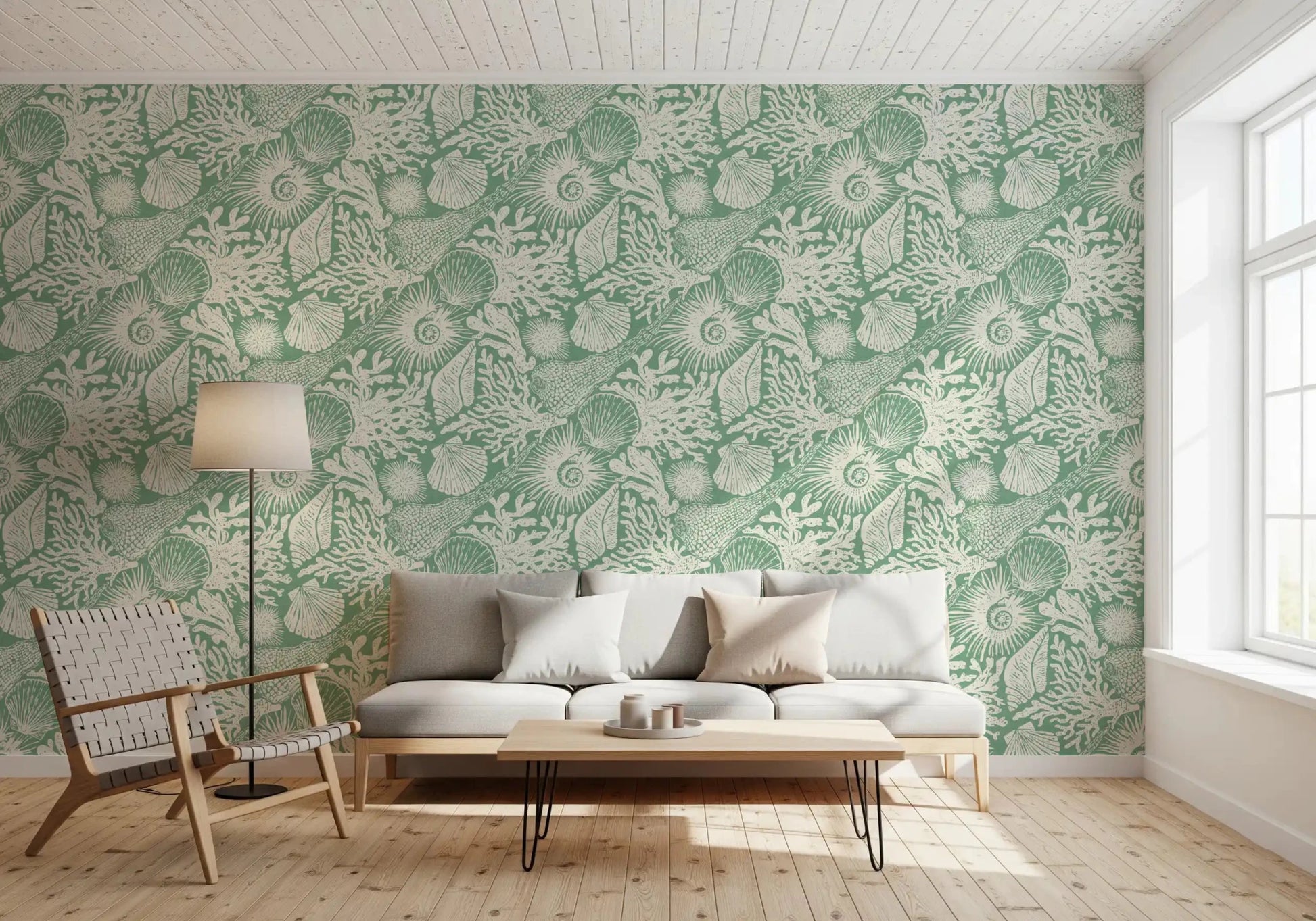 Coastal shell illustrations sit behind a master Living rooom in Boho Seashell Aqua wallpaper.
⁠GD9550