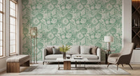 Shells and corals weave behind a Living room with Boho Seashell Coral Aqua wallpaper.GD9550