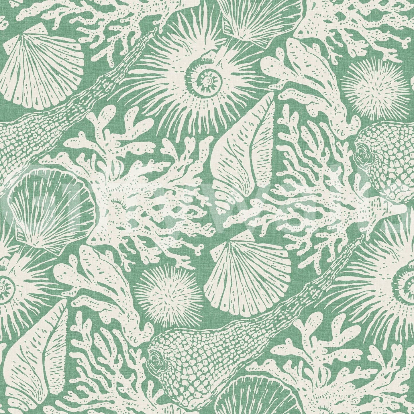 Boho Seashell Coral wallpaper layers reef textures, sponges, and ammonites in cream.GD9550