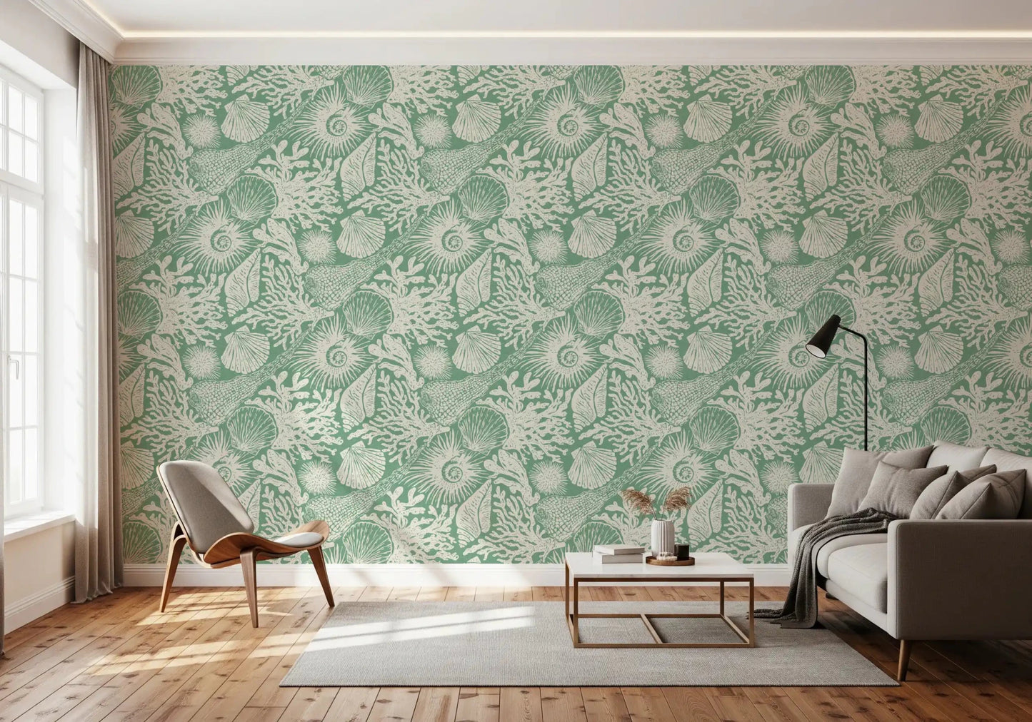 Sea urchins, scallops, and ammonites scatter across Boho Seashell Coral wallpaper.GD9550
