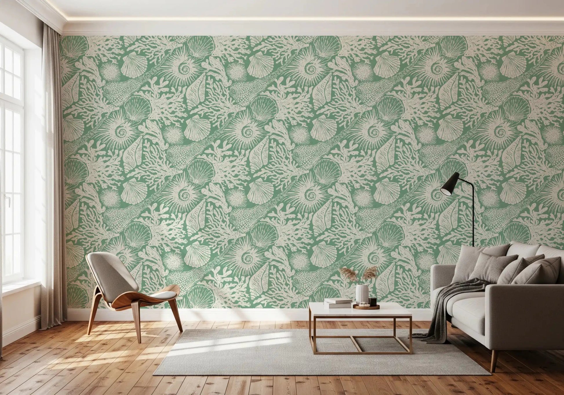 Sea urchins, scallops, and ammonites scatter across Boho Seashell Coral wallpaper.GD9550