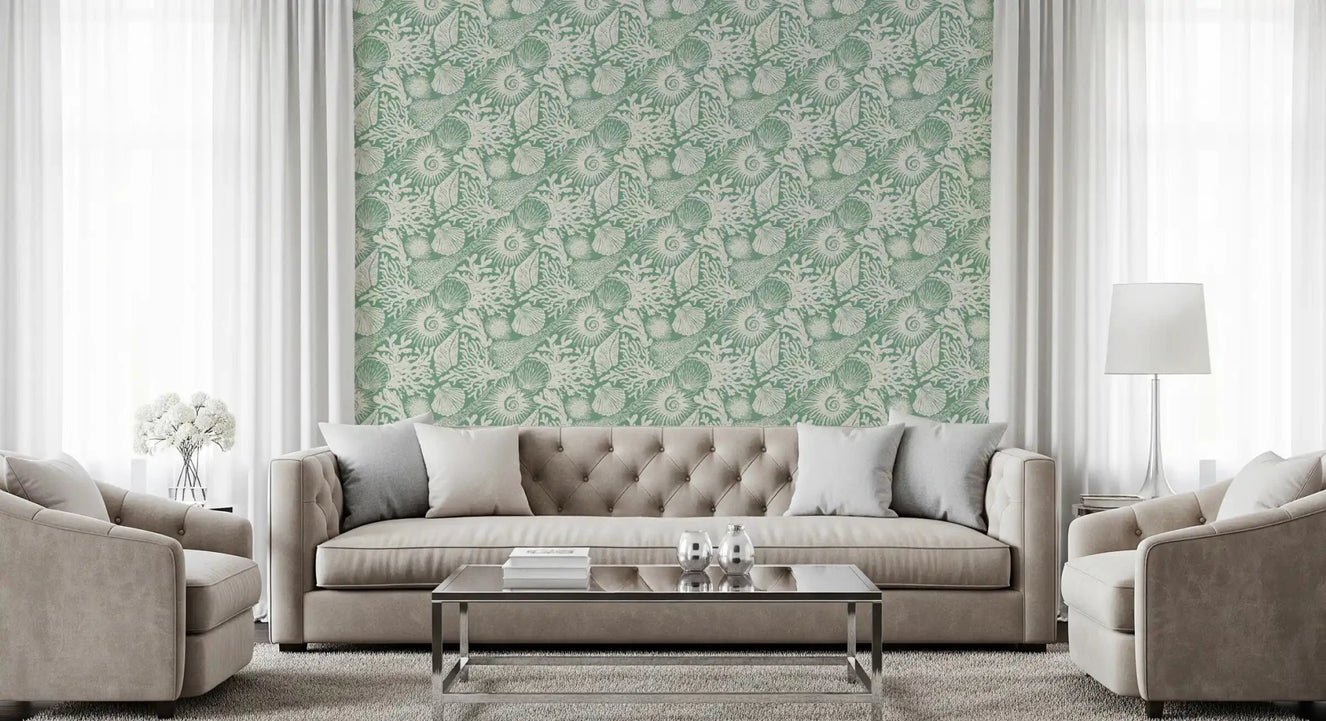 Aqua green tones wash a Living room backdrop with Boho Seashell wallpaper.GD9550