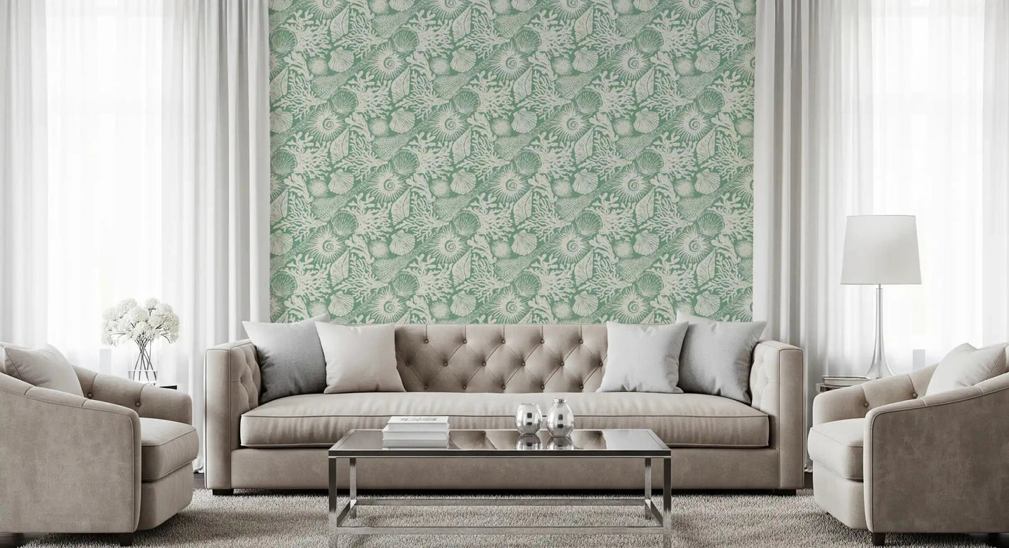Aqua green tones wash a Living room backdrop with Boho Seashell wallpaper.GD9550