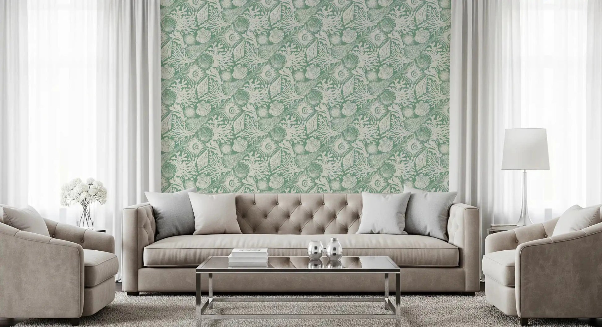 Aqua green tones wash a Living room backdrop with Boho Seashell wallpaper.GD9550
