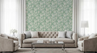 Aqua green tones wash a Living room backdrop with Boho Seashell wallpaper.GD9550