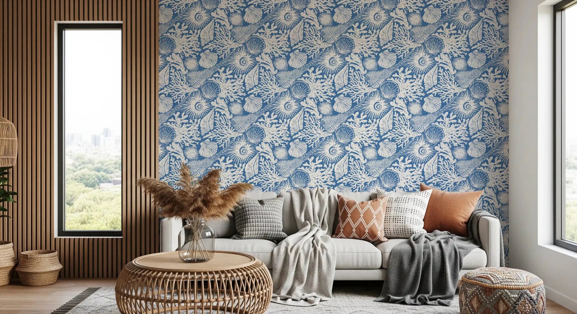 Reef forms thread through a living area  in Coral Denim Blue wallpaper.
⁠GD9548