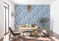 Shells and corals scatter behind a hallway in Boho Denim Blue wallpaper.⁠GD9548