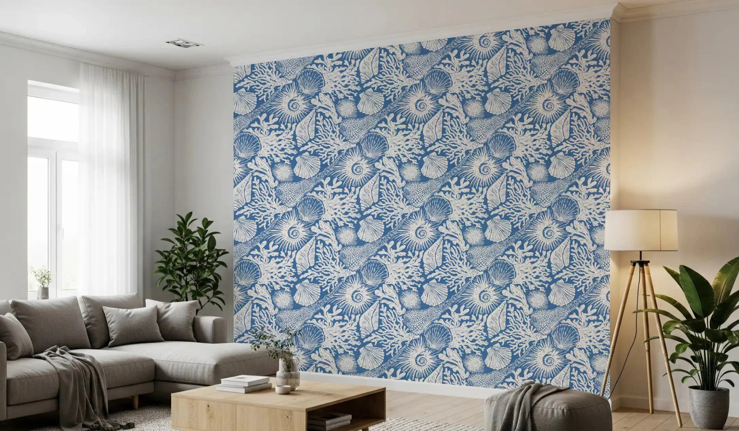 Linen weave runs beneath Boho Seashell Denim wallpaper for a softer textured feel.⁠GD9548
