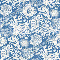 Reef branches, sponges, and ammonites balance across Seashell Coral Denim wallpaper.⁠GD9548