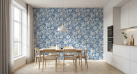 Fish, kelp, and fan corals weave through Boho Coral Denim Blue wallpaper.GD9548