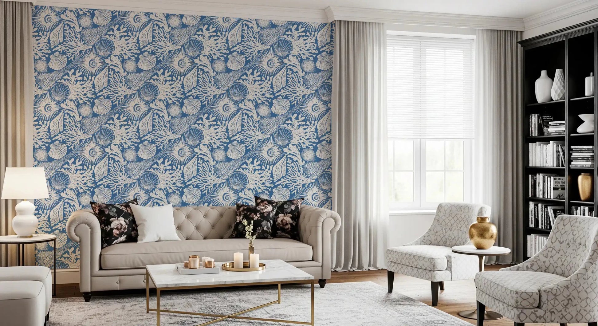 Scallops, ammonites, and urchins layer across Boho Seashell Coral wallpaper.GD9548