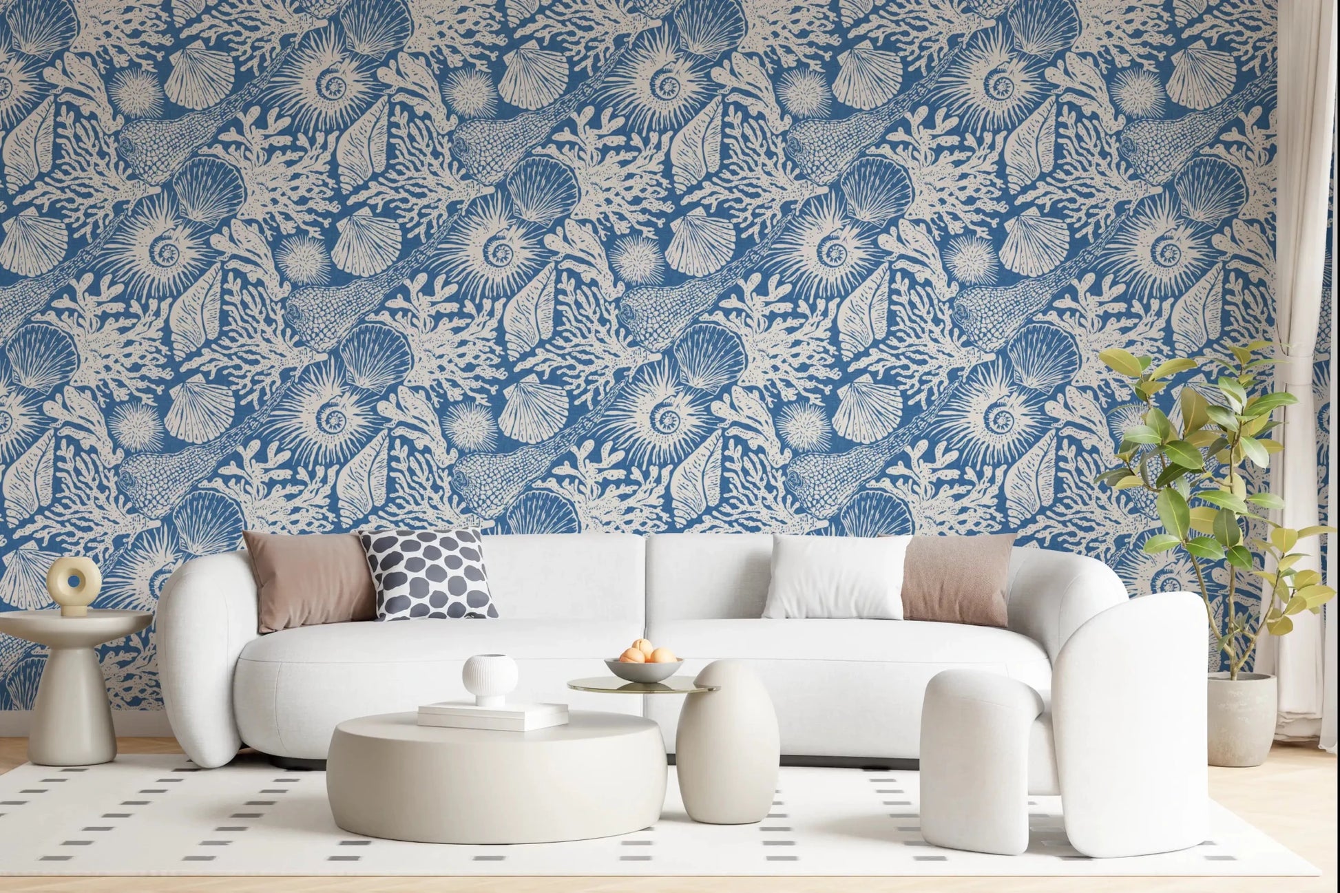 Vintage sea drawings fill a sitting room with Boho Seashell Denim wallpaper.
⁠GD9548