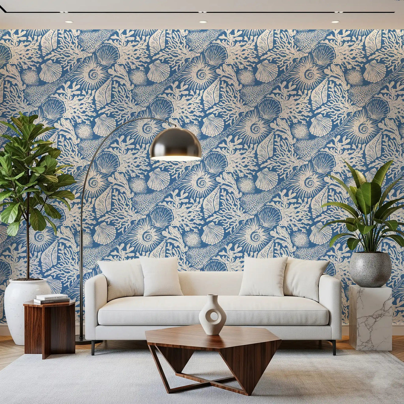 Deep tones wash a Living room with Seashell Coral Denim wallpaper.
⁠GD9548