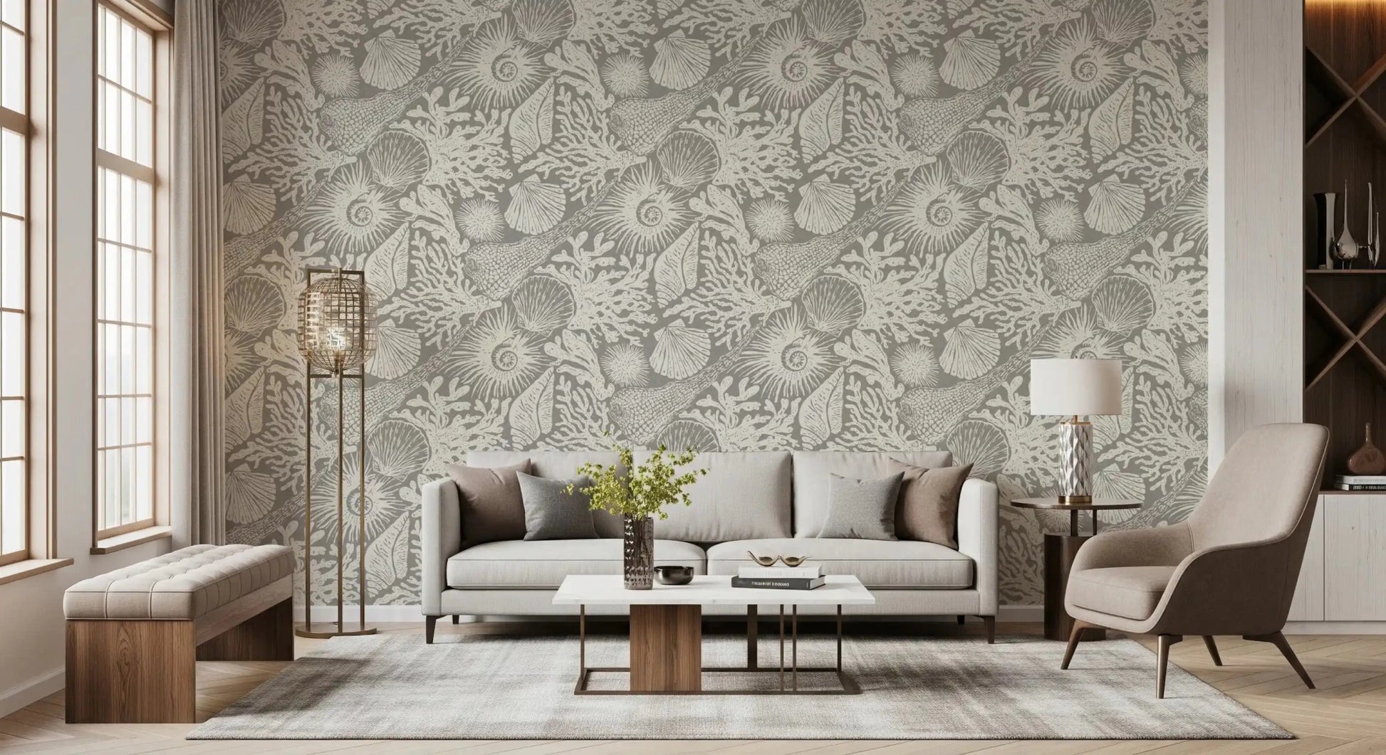 Reef textures spread across a hallway with Seashell Coral Gray wallpaper.
⁠GD9542