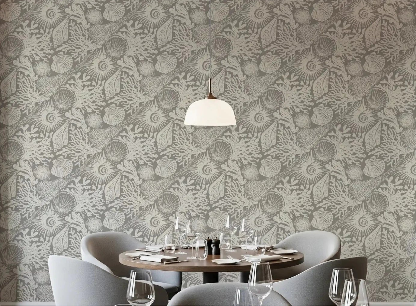 Cool gray linework brings sea life forward on Boho Seashell Coral wallpaper.GD9542