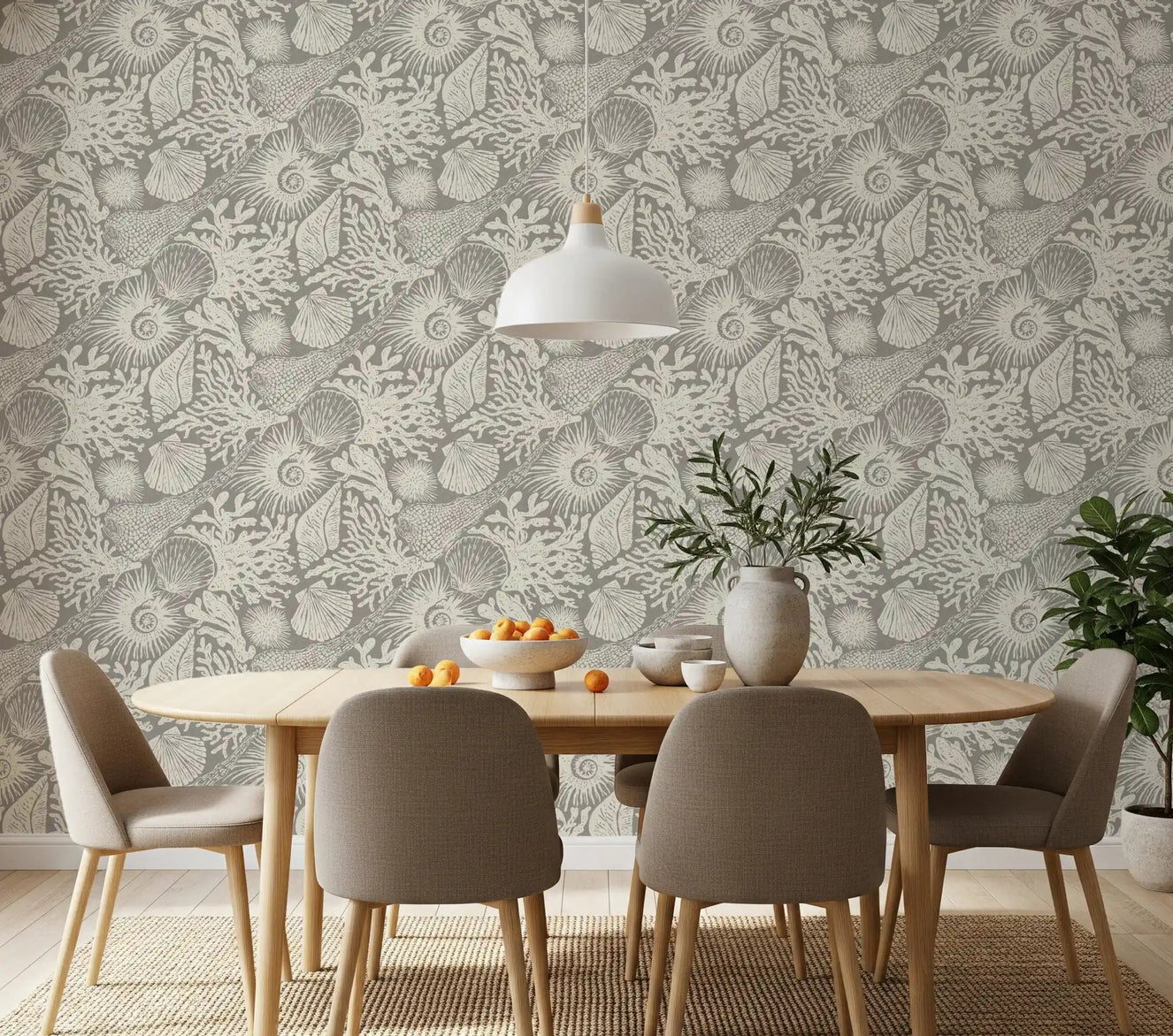 Soft gray shells wrap a dining room behind Boho Seashell Coral wallpaper.⁠GD9542