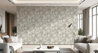 Coral, kelp, and shells sit packed yet balanced across Boho Gray wallpaper.GD9542