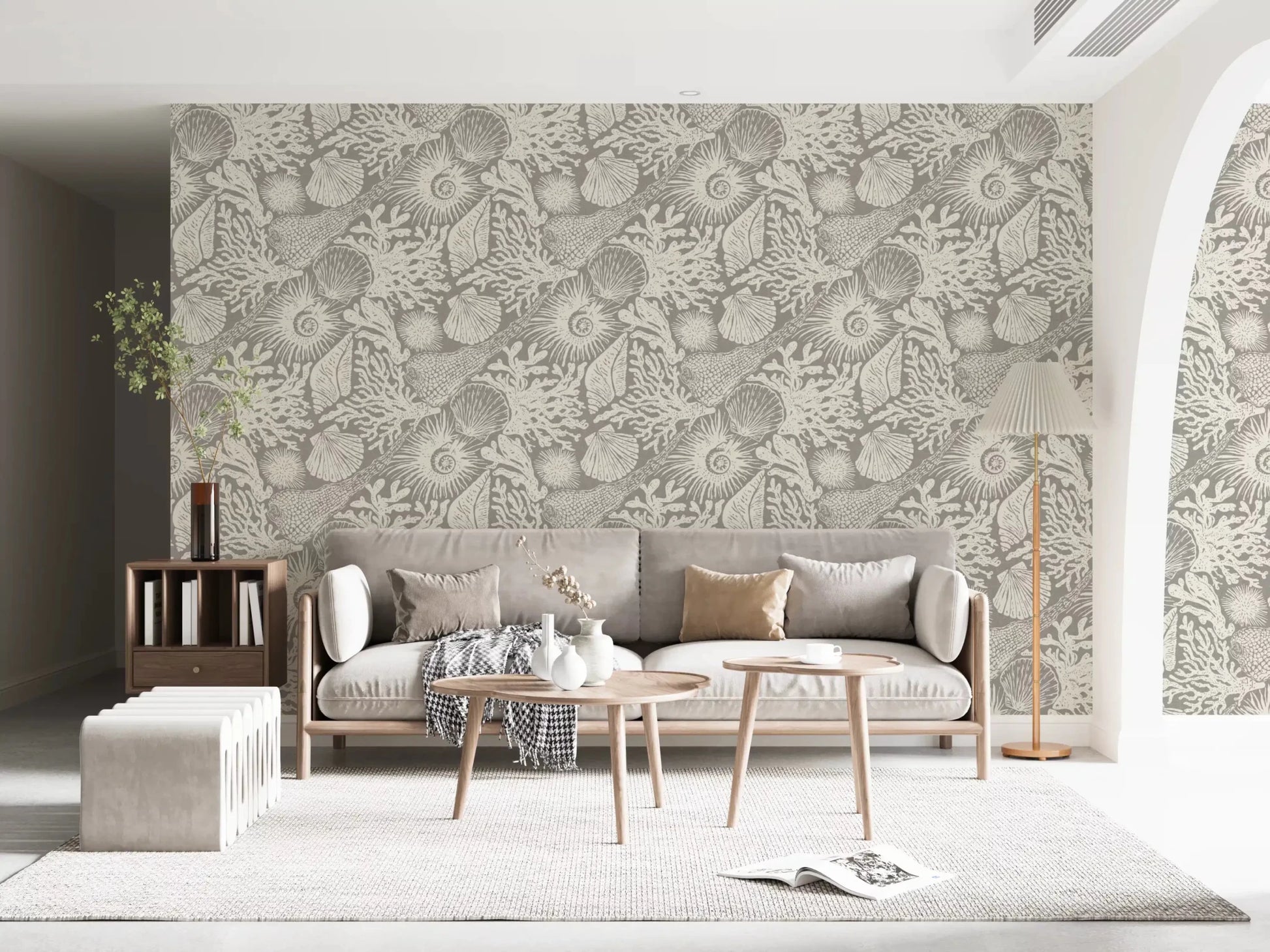 Ivory and gray frame a sitting room through this Boho Coral Gray wallpaper.
GD9542