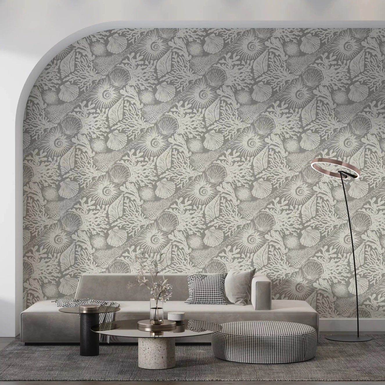 Living room feel coastal with gray reef sketches on Boho Seashell wallpaper.
GD9542
