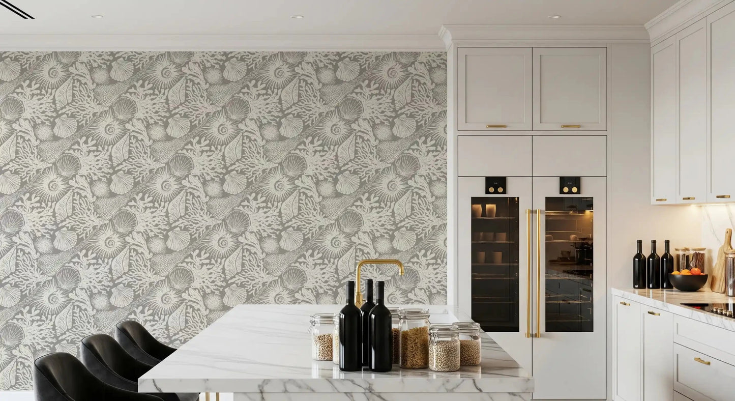 Light marine Kitchen dining  in Boho Seashell Gray wallpaper.
GD9542