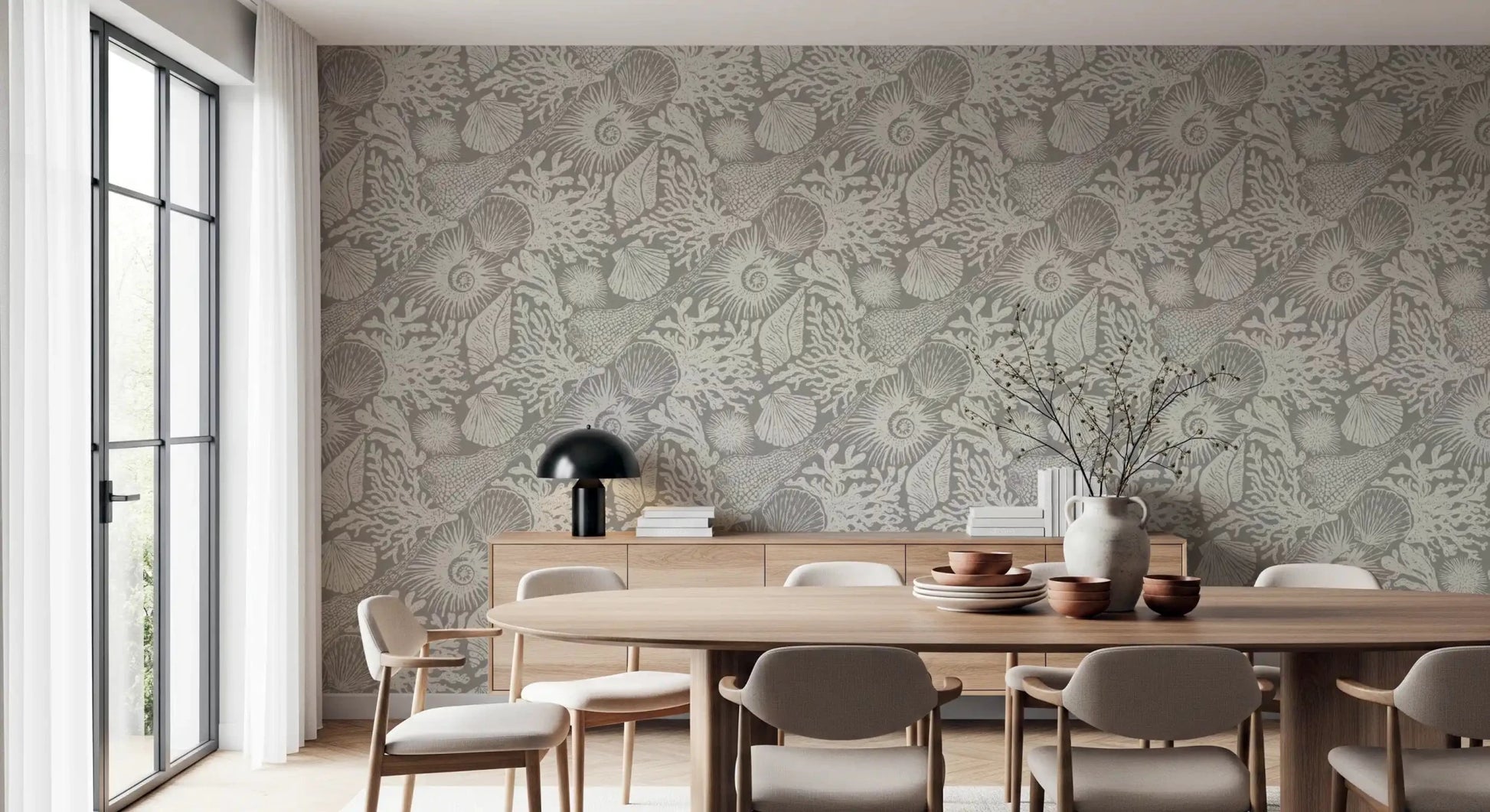 Tiny canvas weave runs under the ivory backdrop of Boho Seashell wallpaper.GD9542