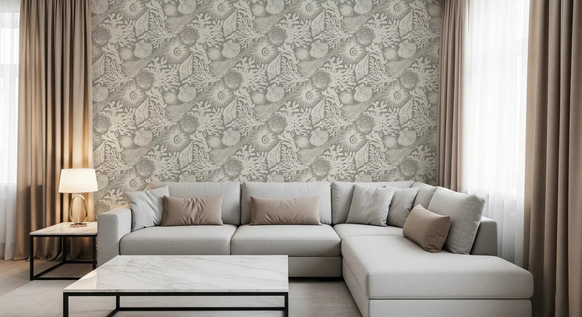 Pen-style detailing builds the marine pattern of Seashell Coral Gray wallpaper.GD9542