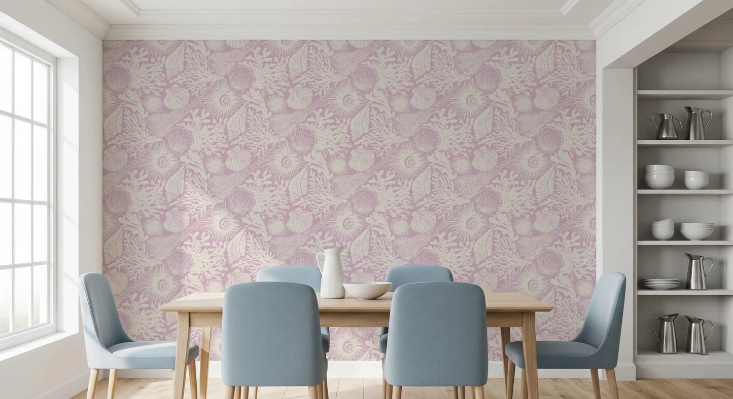 Coral fronds, kelp, and small fish weave through Seashell Lavender wallpaper.
GD9546