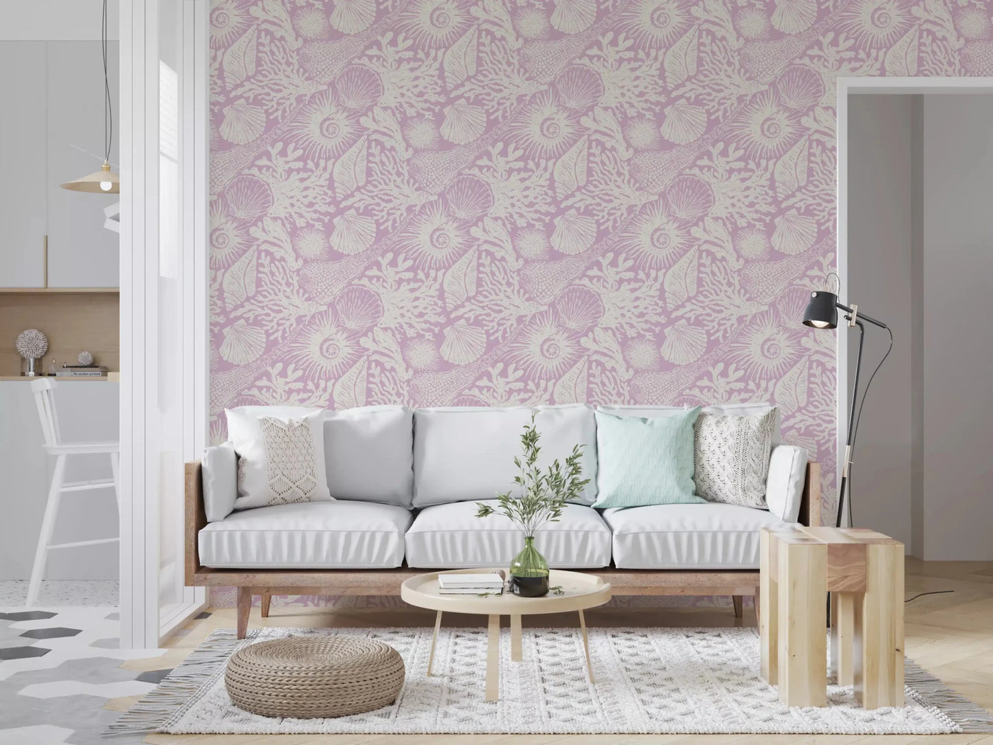 Soft purple background carries shells, urchins, and corals in Boho Lavender wallpaper.GD9546